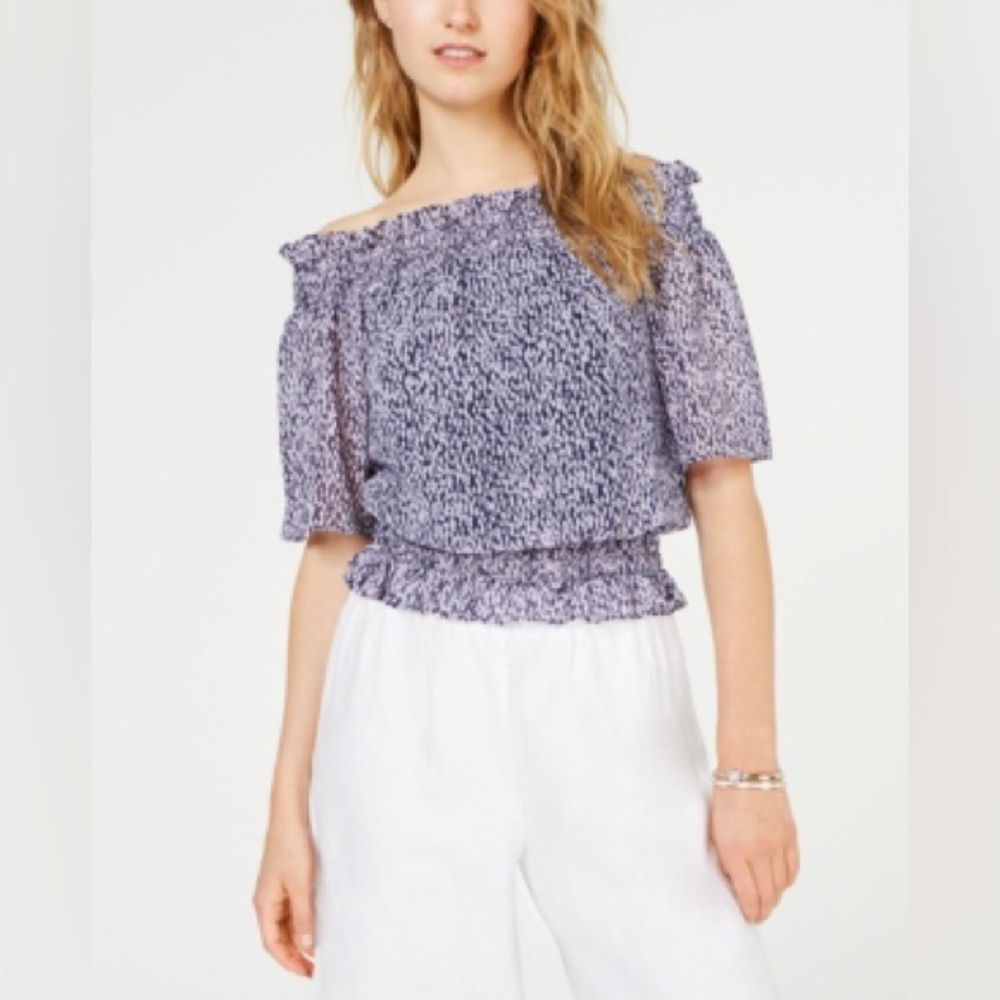 New Michael Kors Shirred Floral Top Off Shoulder Size Large